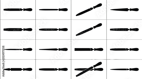 Collection of black silhouettes representing various metal files and rasps with handles.