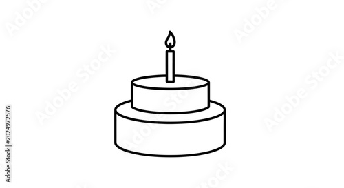 Simple line art illustration of a two-tier birthday cake with a lit candle. Minimalist drawing for celebrations and anniversaries.