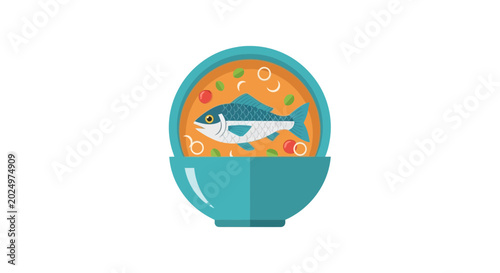 Schilderij op canvas Flat Vector Icon of Fish Soup in a Bowl