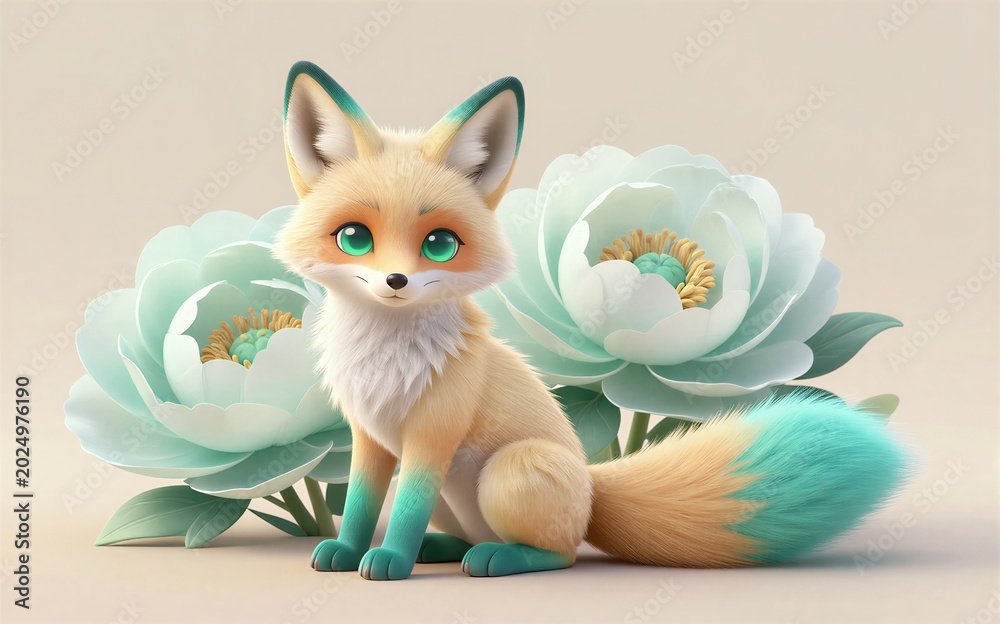 Fototapeta premium Adorable fox with turquoise accents sits beside large soft flowers.