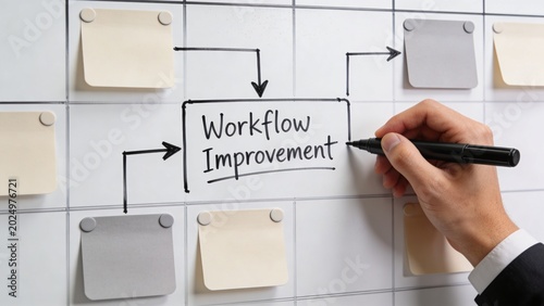 A hand draws workflow improvement diagram on sticky notes board with marker