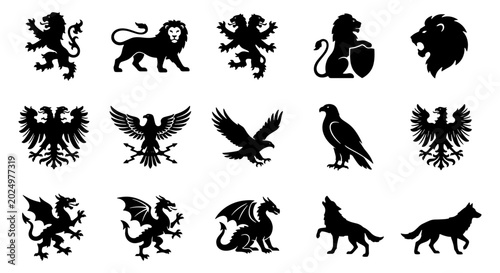 Photos Heraldic animal silhouettes set, medieval coat of arms symbols with lions eagles