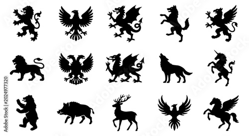 Foto Heraldic animal silhouettes set, 15 medieval crest icons including lion, eagle,