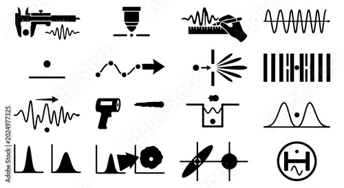 Bild auf Leinwand Quantum physics and laboratory measurement icons, 16 black vector symbols for sc