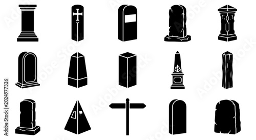 Schilderij op canvas Gravestone and tombstone icon set, 15 black silhouette cemetery monuments and me