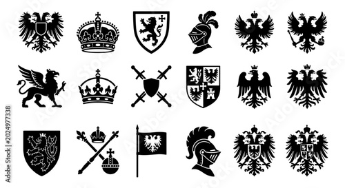 Fotografía Medieval heraldry black silhouettes set, 18 royal coat of arms icons, vintage kn
