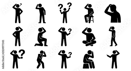 Quadro su tela Confused man stick figure icon set, 15 black silhouettes of people thinking and