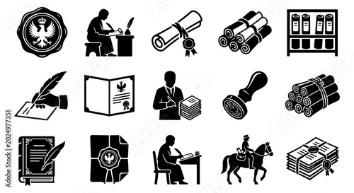Obraz na płótnie Vintage archive and historical document icons, 15 black vector silhouettes of sc