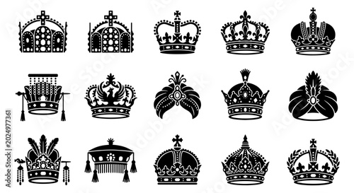 Canvas Print Vintage royal crown icons set, 15 black monarch headwear silhouettes, heraldic k
