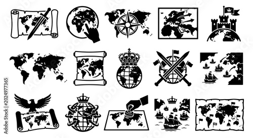 Foto Vintage world map icons set, 15 black silhouette historical cartography elements