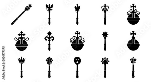 Fotografía Royal scepter and globus cruciger icons set, 15 black silhouette monarch symbols