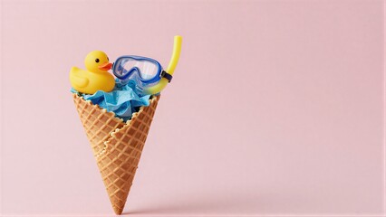 Yellow duck and snorkel in waffle cone with blue crinkled paper pink