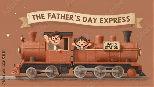Father's Day train with joyful dad and child celebrating Dads Station.