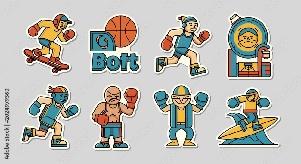 Fototapeta premium cartoon characters sports stickers vector illustration with active individuals boxing skateboarding running and surfing.