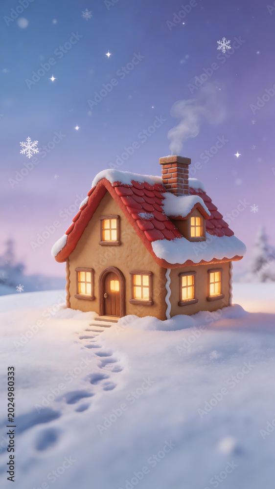Fototapeta premium Snowy gingerbread house with footprints symbolizing exploration and the great outdoors