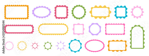 Collection of cute colorful geometric frames with wavy borders. Vignettes for picture or photo. Empty labels, boxes, tags or banner templates isolated on white background. Vector flat illustration.