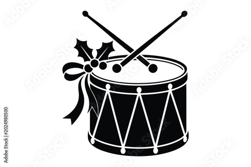 Christmas drum with holly and ribbon drumsticks vector silhouette, christmas