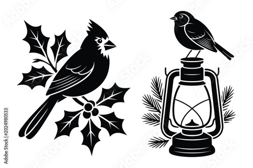 Cardinal bird on holly branch small bird on lantern holiday icons cardinal