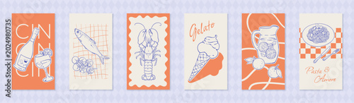 Mediterranean dinner food sketch set with wine, seafood, gelato and pasta on orange background banner. Italian food icon collection for restaurant menu and social media illustration in handdrawn