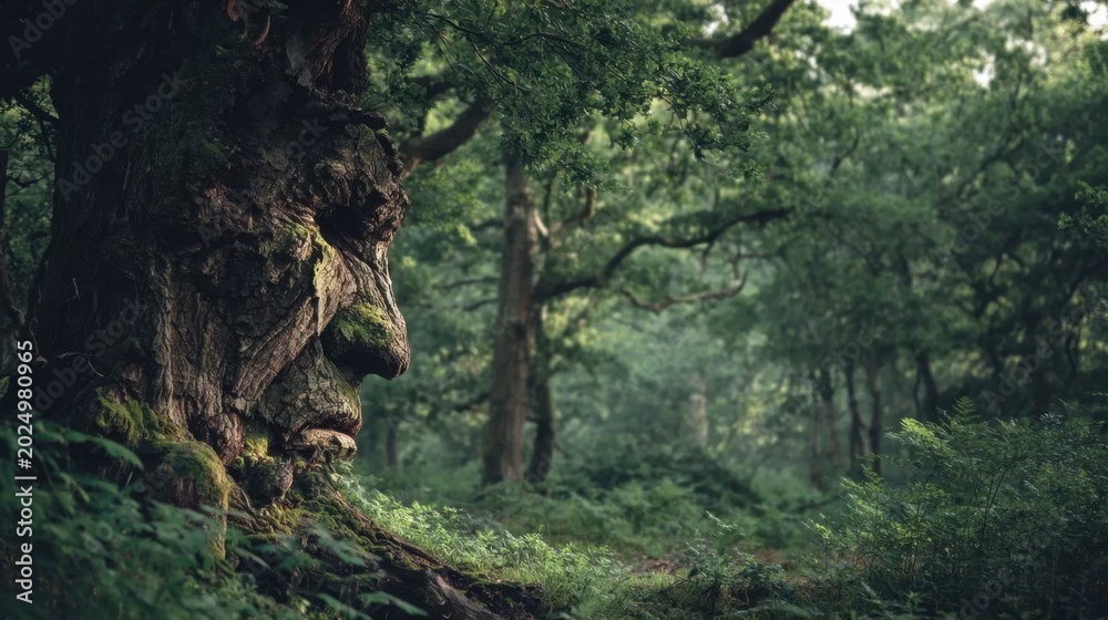 Obraz premium Ancient tree trunk resembling a wise human face covered in moss standing among lush green forest foliage and towering trees under soft natural light