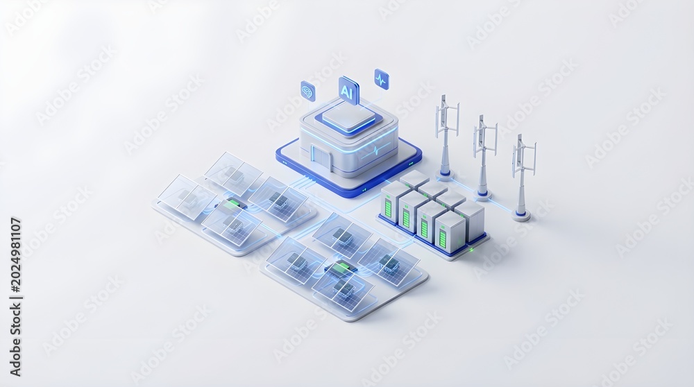 Fototapeta premium Isometric 3D Illustration of Future Smart Energy Grid with AI Control Center and Renewable Power Sources