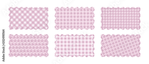 Set or paper or textile rectangular cards or patches with gingham pattern, stitched borders and wavy edges isolated on white background. Cute design elements in girly style. Vector flat illustration.
