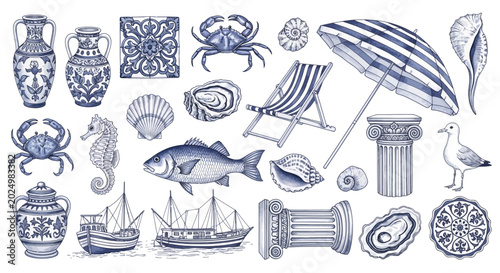 mediterranean nautical elements watercolor collection for coastal summer travel and design