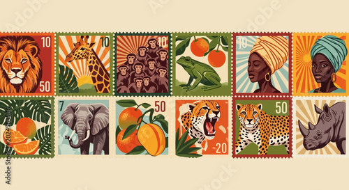 african animals postage stamps wildlife safari african culture collection with vintage illustrations of diverse nature big five and native people.