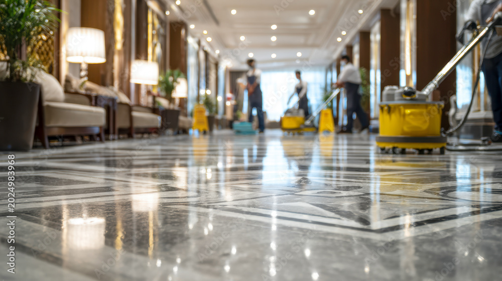 Fototapeta premium Professional cleaning team maintaining a polished marble floor in a well-lit, elegant lobby space with modern furnishings and bright ambient lighting