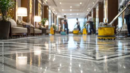 Professional cleaning team maintaining a polished marble floor in a well-lit, elegant lobby space with modern furnishings and bright ambient lighting