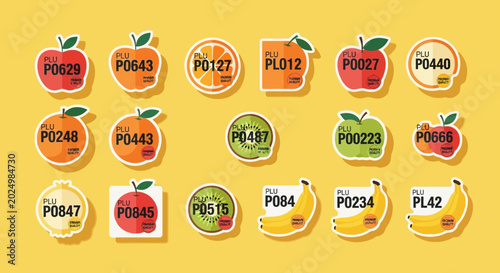 collection of various fruit plu codes and labels for fresh produce illustrating premium quality for grocery stores and supermarkets