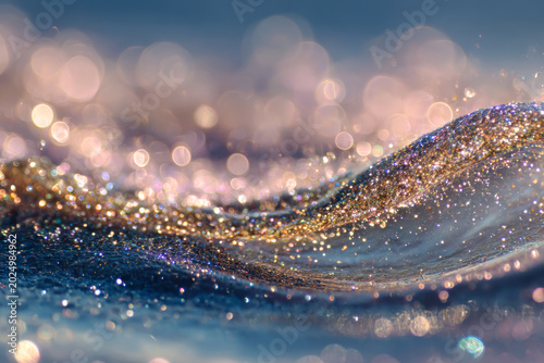 A shimmering wave of golden sparkling light particles creating a dreamy and magical bokeh effect with soft pastel pink and blue hues in the background
