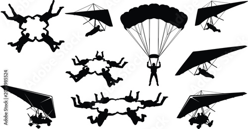 Bild auf Leinwand Skydiving and hang gliding silhouettes set vector illustration of extreme sports