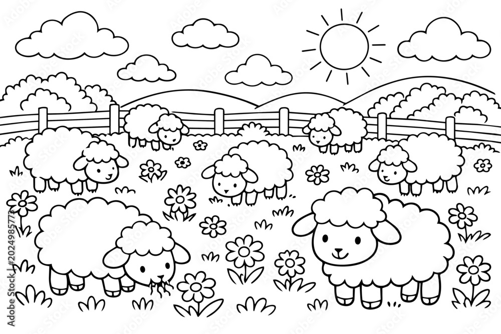 Fototapeta premium Baby lamb grazing in a sunny meadow, simple black-and-white line art for kids to color and learn about farm life, playful and friendly rural scene for activity books