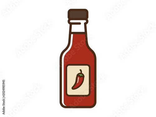 Red hot sauce bottle with label.