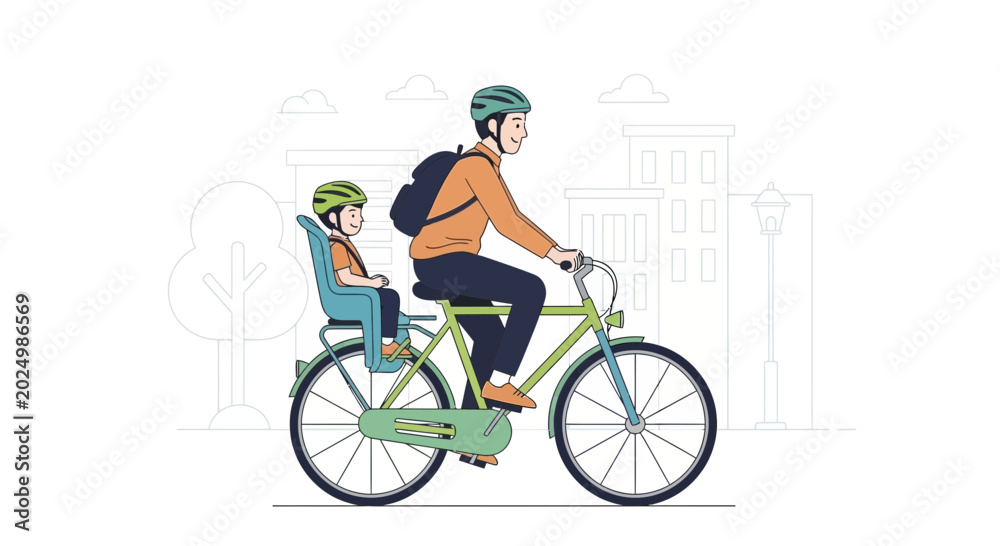 Fototapeta premium Father and Child Riding a Bicycle with a Child Seat in a City Park - Outdoor Family Activity