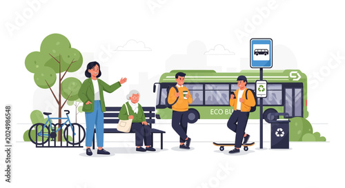 Eco-friendly public transport, green bus stop, and diverse passengers waiting to travel.