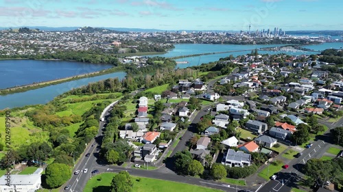 Orakei and Auckland City Skyline, Aerial View, New Zealand
