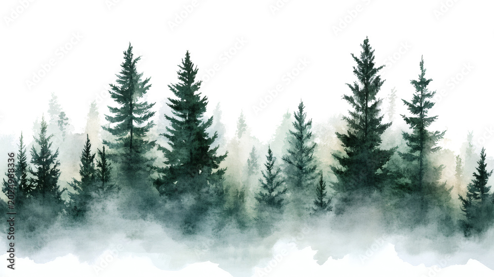 Fototapeta premium Watercolor painting depicts a dark mysterious evergreen forest line shrouded in low hanging atmospheric mist or fog with subtle hints of color