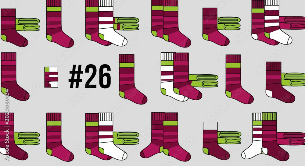 Fototapeta premium various striped socks displayed for laundry day highlighting sock matching and household organization challenges with the number 26.