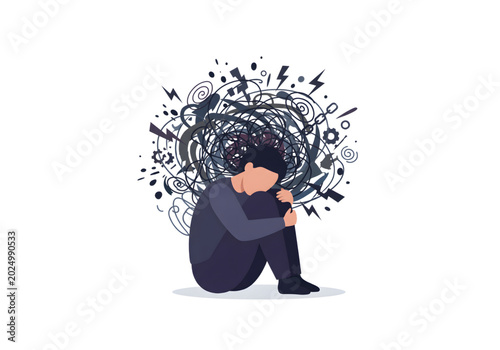 фотографія person with chaotic thoughts in dark blue png on transparent background