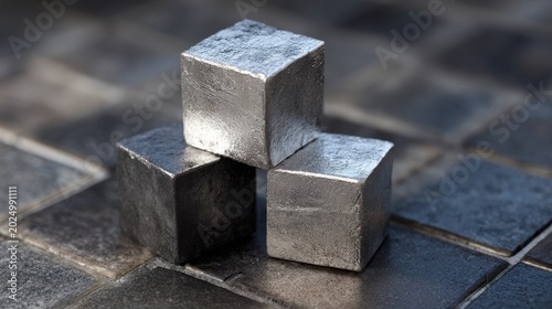 Three textured metal cubes stacked on a dark metallic tiled surface