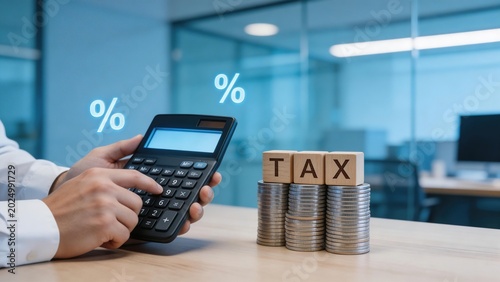 Person calculating tax with coins and calculator