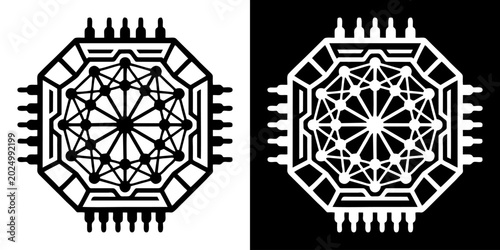 Cuadro en lienzo Abstract vector icon of a modern microchip design with a complex central network