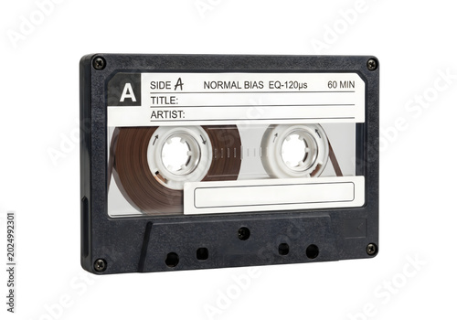 Fotografi black cassette tape with white label png on transparent background
