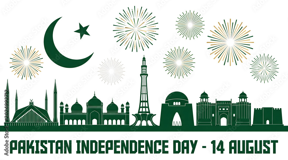 Obraz premium Pakistan independence day banner with skyline monument and firework celebration