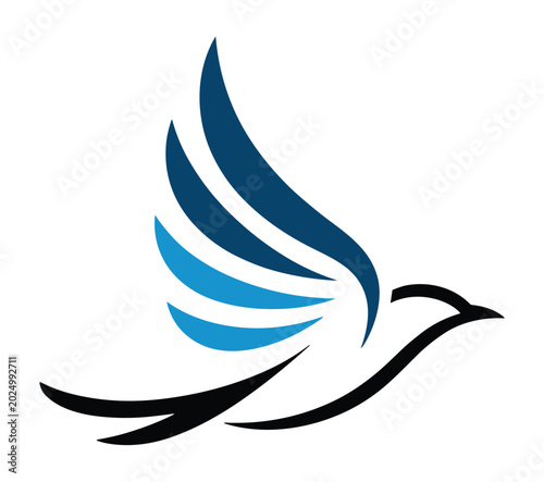 Fotografie Modern abstract bird logo design, blue winged flying animal symbol isolated on g
