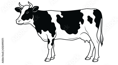 Quadro su tela Black and White Holstein Friesian Cow Illustration - Side View