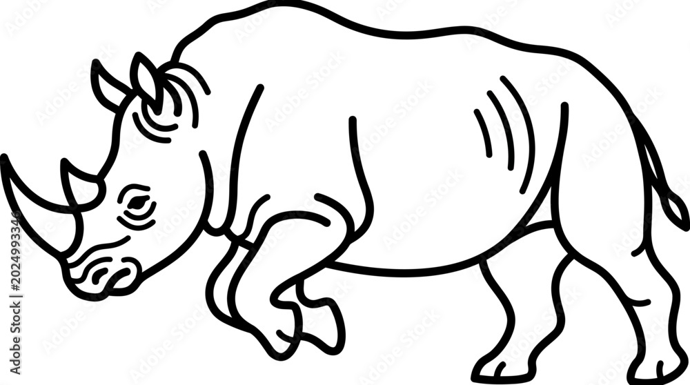 Fototapeta premium Black and White Line Art Illustration of a Charging Rhinoceros