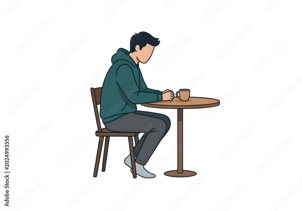 Fototapeta premium man sitting at table with coffee cup green and grey png on transparent background
